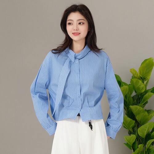 芭依璐设计感飘带竖条短款衬衫女高级感2026秋季新款显瘦气质衬衣