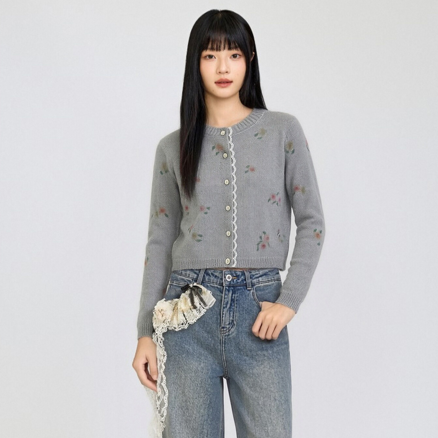 蕾丝花边针织开衫女毛衣短款上衣