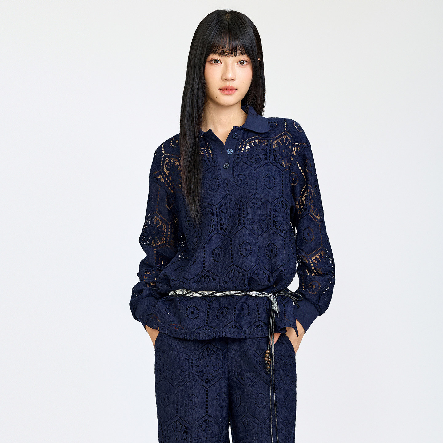 芭依璐2026年秋装新款镂空Polo领蕾丝衫卫衣长袖外套女花边上衣