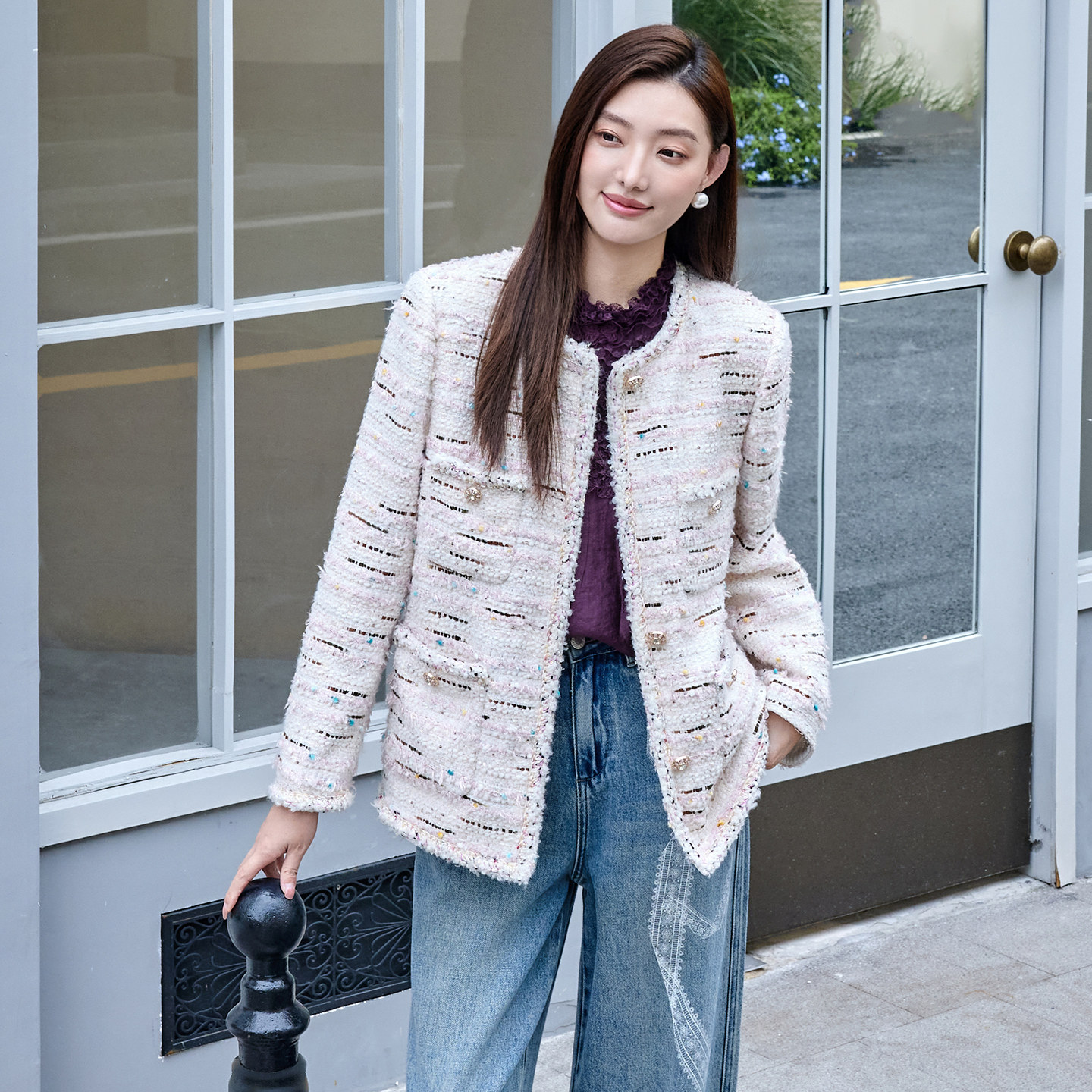 彩点装饰小香风中长款花呢外套