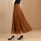 半身裙女2025新款 夏季 提花雪纺长裙气质咖色高腰显瘦A字大摆舞裙