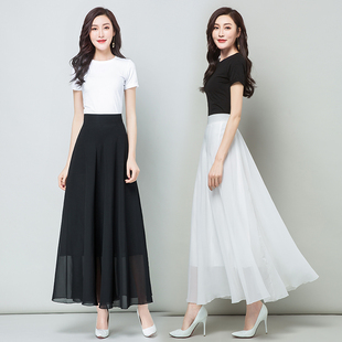 新款夏季雪纺纱半身裙白色女长款高腰大码纯色A字裙黑色大摆长裙