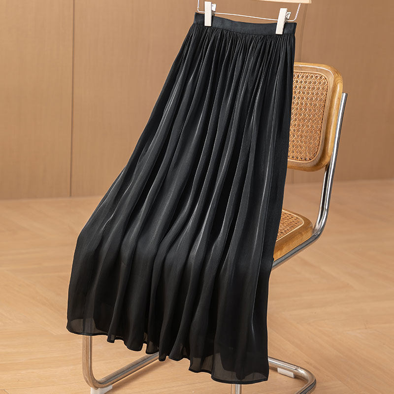 黑色流光纱半身裙女2026新款夏季高腰气质中长款小个子A字百褶裙