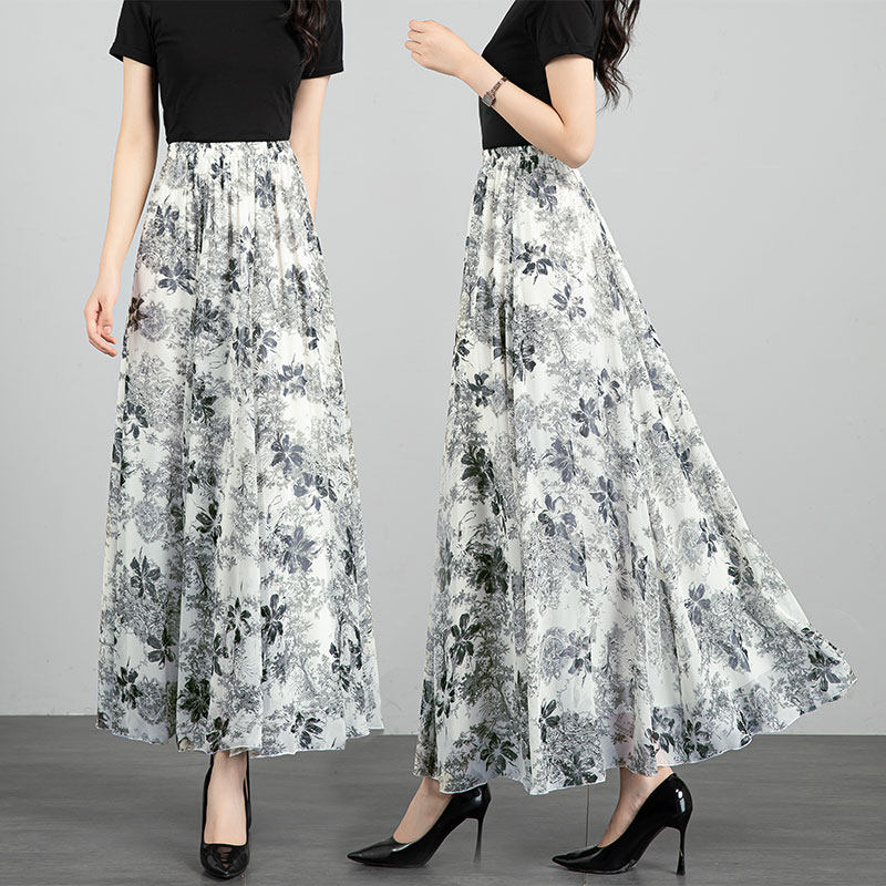 2025夏季新款雪纺半身裙水墨印花显瘦A字裙高腰大码大摆跳舞长裙