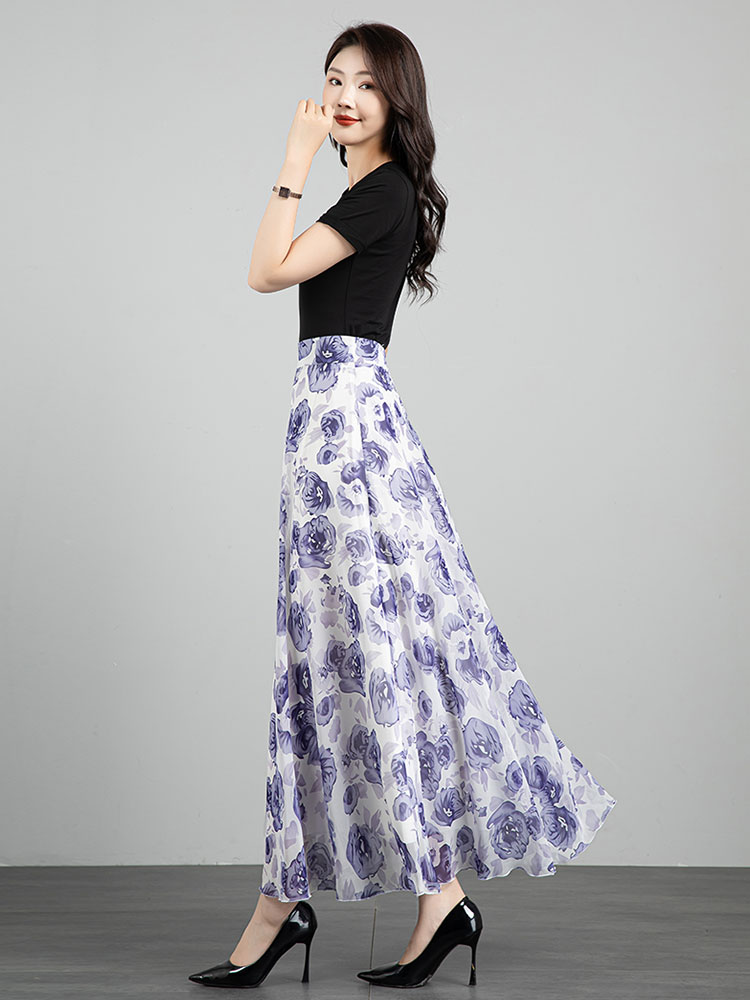 跳舞大摆长裙2025夏季新款花色雪纺半身裙气质高腰显瘦大码a字裙