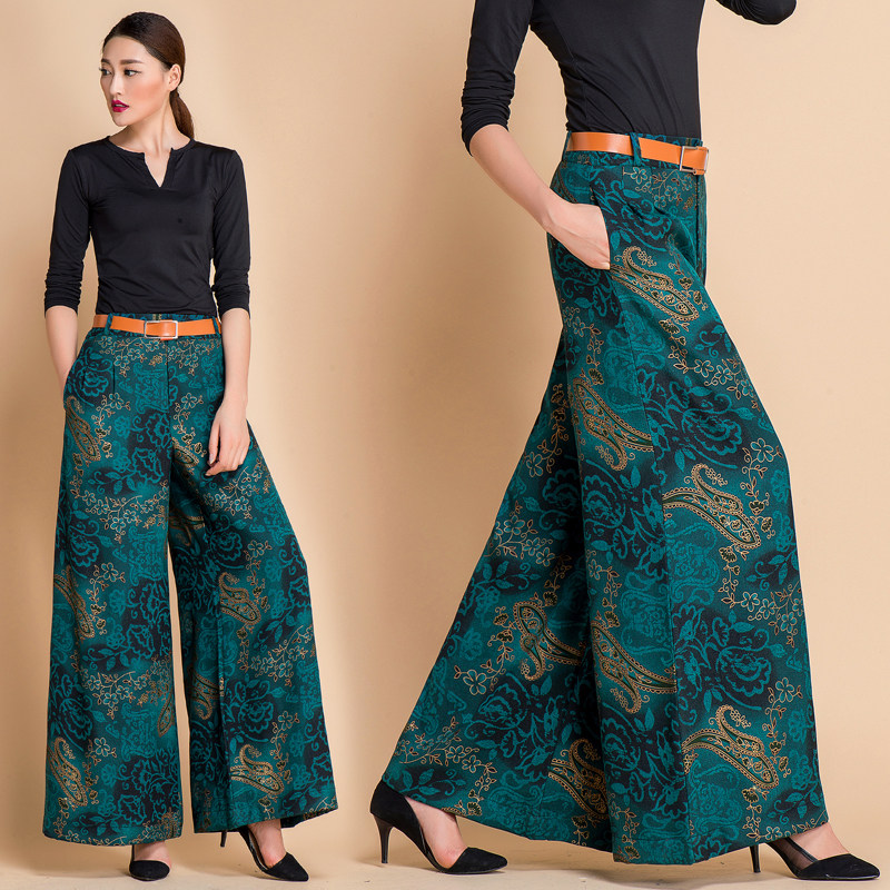 秋冬新款女阔腿裤长裤时尚甩腿裤高腰舞裤印花显瘦休闲裤加厚裙裤