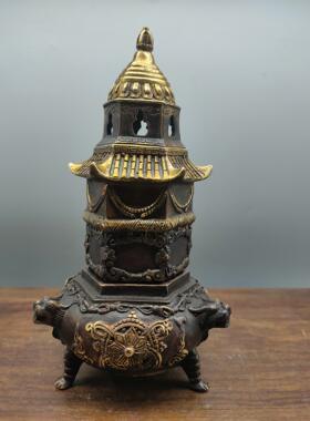 古玩铜器工艺品黄铜鎏金塔熏香炉摆件塔炉做旧仿古摆件收藏品