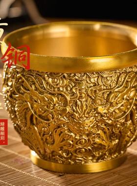 龙纹缸黄铜米缸百福聚宝盆双龙缸中式复古风水金属铜摆件工艺品
