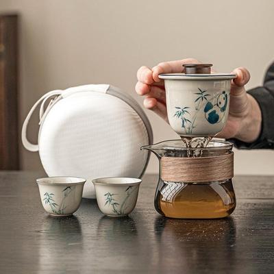 草木灰手绘熊猫戏竹旅行茶具套装便携式喝茶装备陶瓷快客杯收纳包