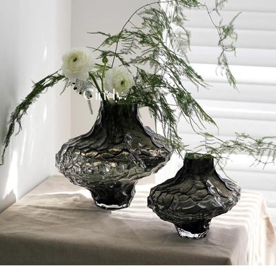 美学山谷纹烟灰色不规则玻璃花瓶 北欧ins风家居装饰 摆件