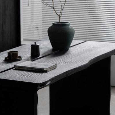 炭化黑色餐桌实木创意大板侘寂风茶桌桌子现代原木工作台家用茶台