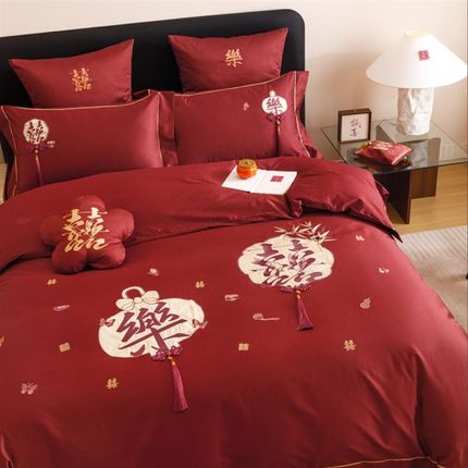 结婚100S长绒棉全棉婚庆四件套中式红色喜乐纯棉被套婚房床上用品