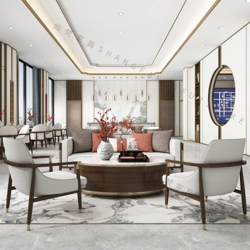 售楼处部洽谈接待沙发卡座双三人卡座新中式酒店会所餐厅桌椅家具