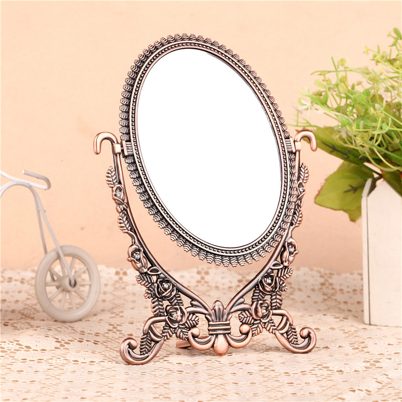 欧式田园公主可爱复古铜色椭圆梳妆镜台式化妆镜双面高清中号镜子