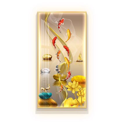 壁灯荷花九鱼图玄关高端装饰画招财进门正对墙入户画LED发光挂画