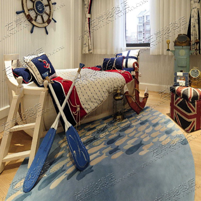 蓝色幼儿园儿童电脑椅圆形地毯客厅卧室床边书房玄关手工地毯定制