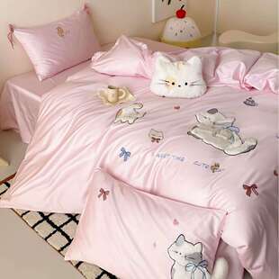 可爱猫咪~全棉长绒棉贴布绣四件套少女心粉色床单被套亲肤四季款