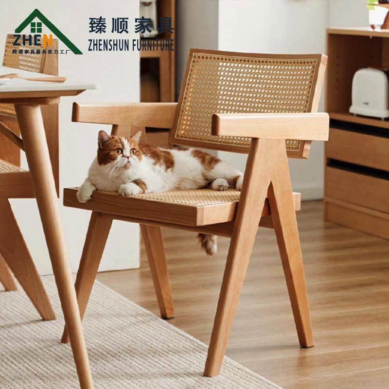 实木餐椅家用中古风昌迪加尔椅侘寂风软包扶手靠背椅休闲藤编椅子,住宅家具,餐椅,淘宝优惠券,粉丝福利购,淘宝优惠卷