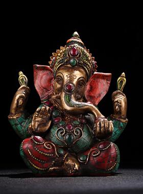 仿古铜镶嵌宝石彩绘描金象鼻财神佛像古玩收藏家居装饰工艺品
