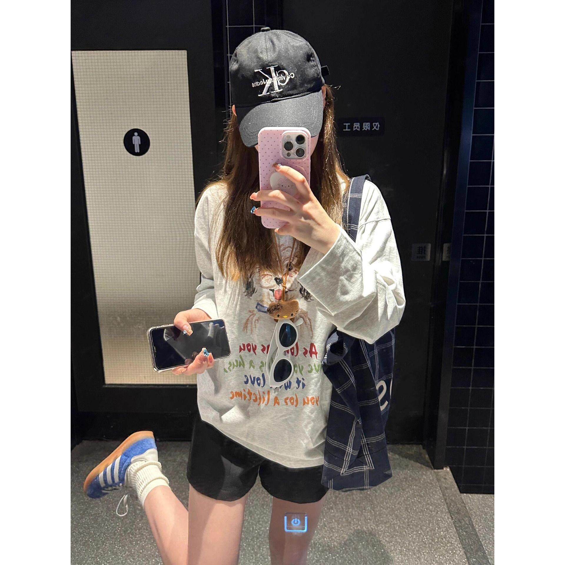 官图 21支纯棉210克100棉 秋装长袖T恤女宽松上衣印花