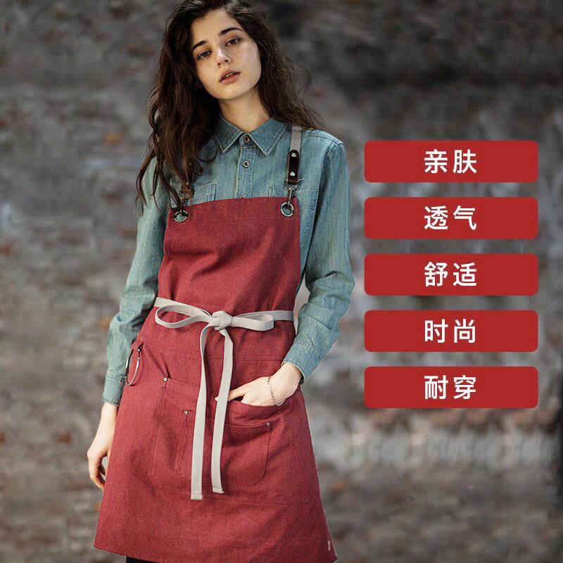 厨房工作餐饮围裙水洗帆布围腰西餐厅咖啡店服务员挂脖口袋围裙