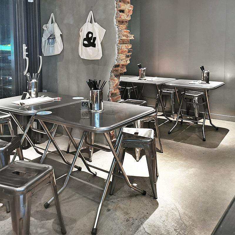 工业风咖啡馆小矮凳桌椅组合网红汉堡炸鸡店户外不锈钢折叠方桌子