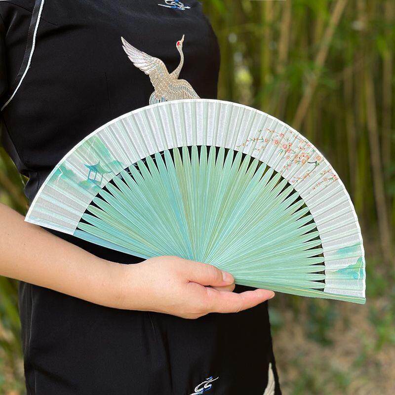 扇子夏天便携古风绿色折扇女式随身古典中国风汉服旗袍折叠小扇子