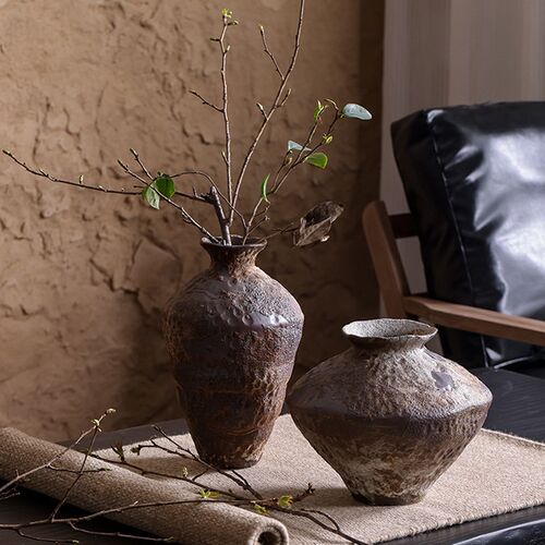 侘寂风陶瓷花瓶客厅摆件插花民宿复古怀旧粗陶陶罐高级感仿古花器