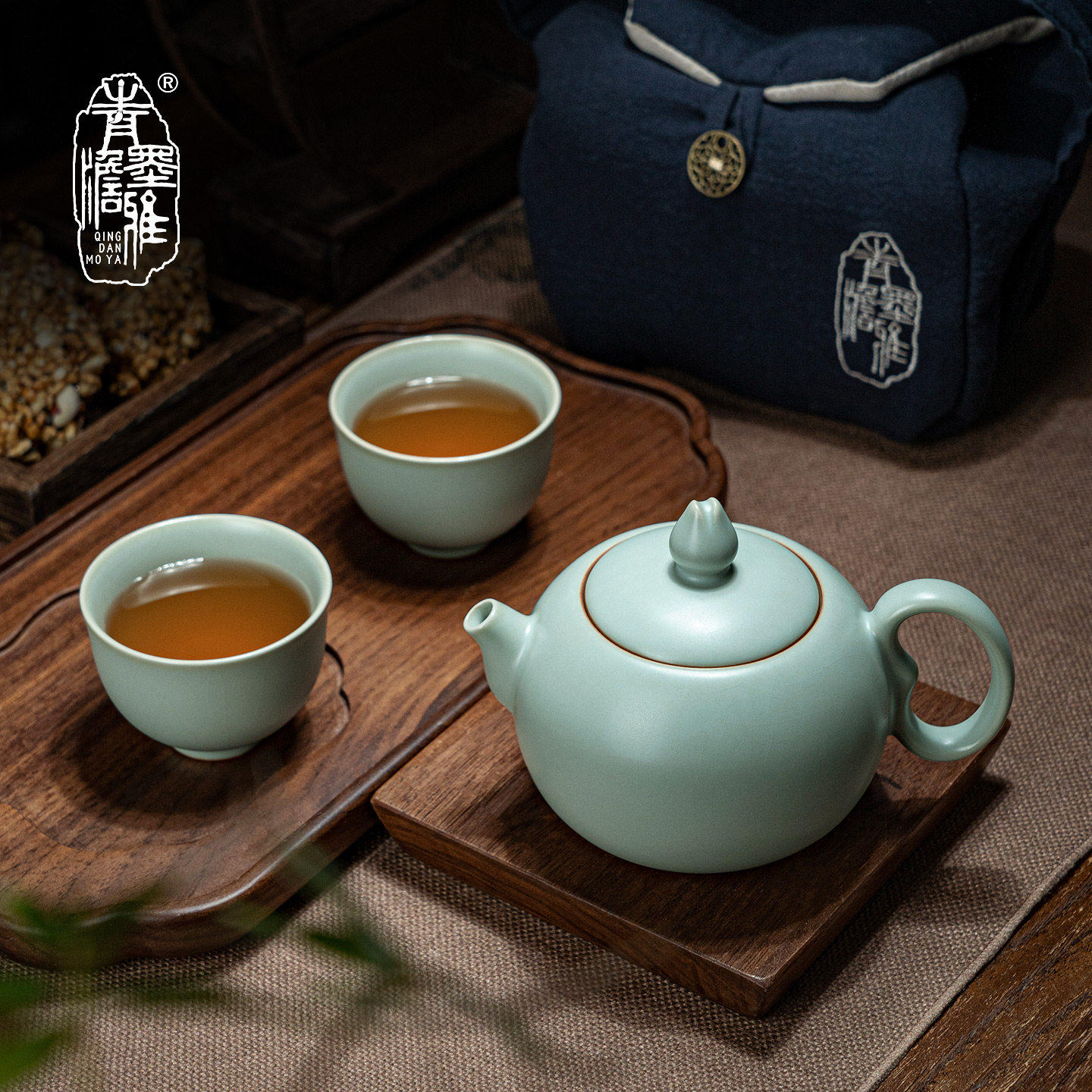 青澹汝窑旅行茶具套装家用泡茶壶一壶二杯便携景德镇陶瓷礼品中式