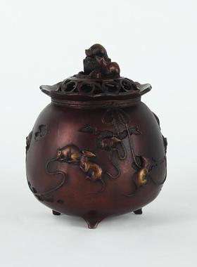 纯黄铜戏鼠香炉摆件创意新中式家居玄关桌面生肖鼠铜香炉装饰礼品