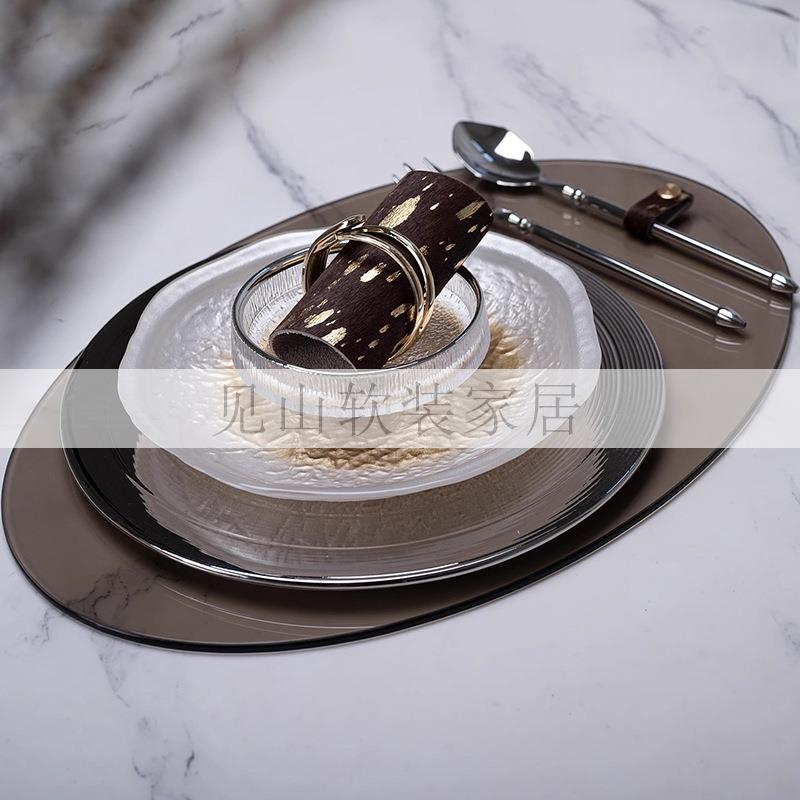 咖啡色摆台西餐具椭圆形咖啡色水晶平盘玻璃创意特色西餐盘