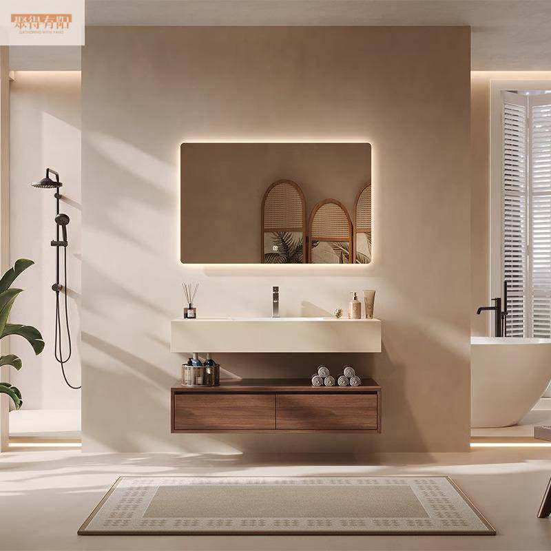 轻奢极简智能胡桃色浴室柜岩板无缝陶瓷一体式盆洗漱台卫生间组简,家装主材,浴室柜组合,淘宝优惠券,粉丝福利购,淘宝优惠卷