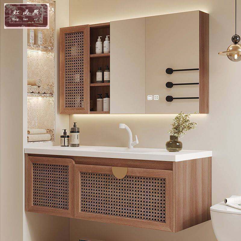 陶瓷一体盆洗手洗脸洗漱台法式中古风藤编浴室柜红橡木组合卫生间,家装主材,浴室柜组合,淘宝优惠券,粉丝福利购,淘宝优惠卷