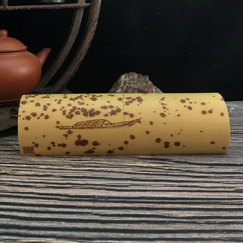 寒江孤舟纯手工烙画精磨湘妃斑竹雕竹刻巧绘茶则茶具书法臂搁腕枕