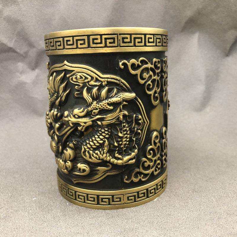 古玩杂项笔筒笔架笔具文房四宝家居工艺摆件双龙书房用品铜器