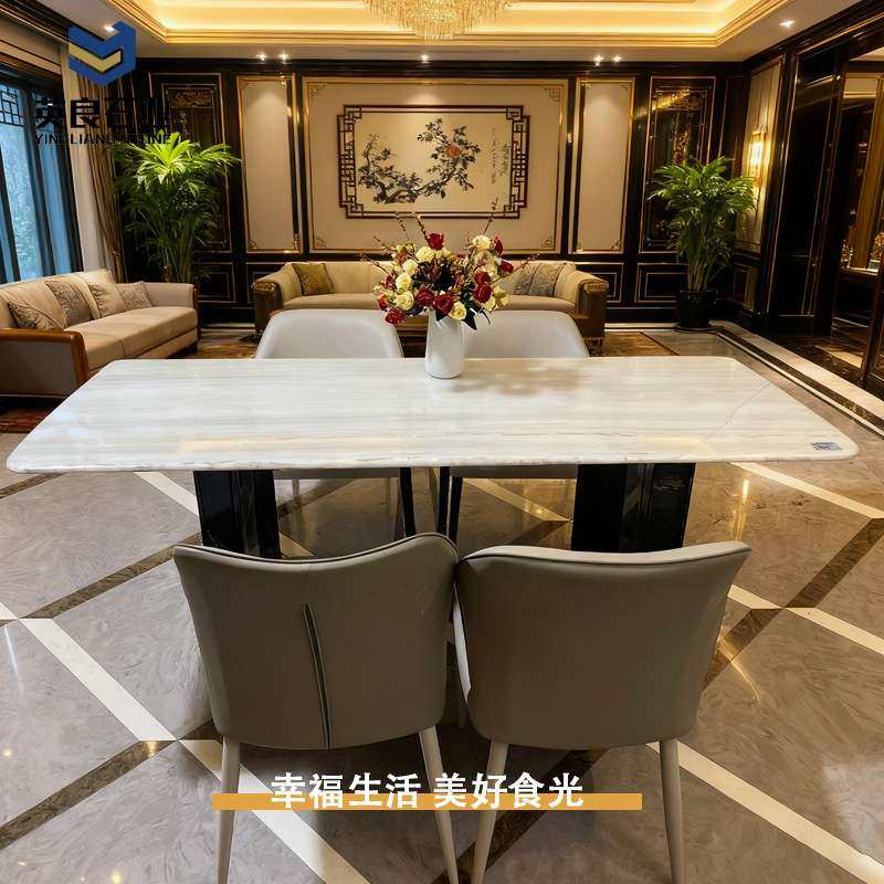 法式罗甸绿大理石餐桌组合小户型家用复古现代轻奢石简约圆形饭桌