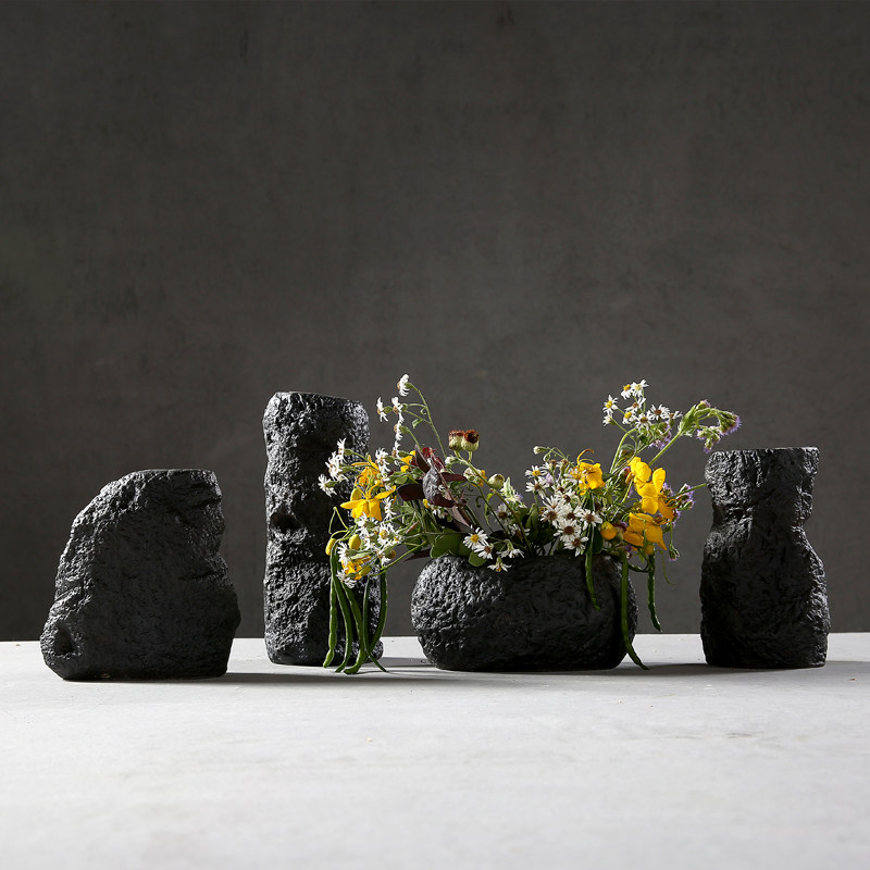 家居饰品 陶瓷仿真石头黑色花瓶 粗陶复古手工花插 水培陶艺插花