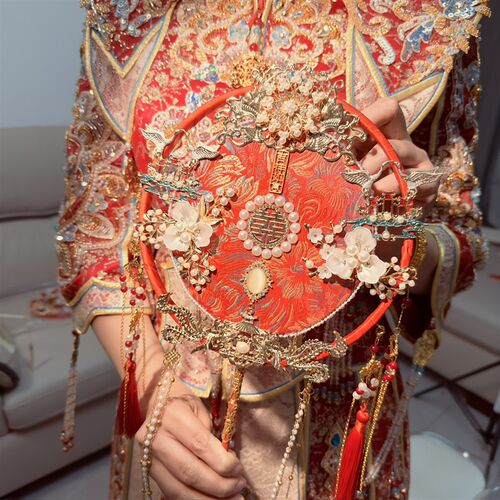 新娘团扇婚礼扇子出嫁秀禾结婚高级感喜扇红色双面diy材料包中式