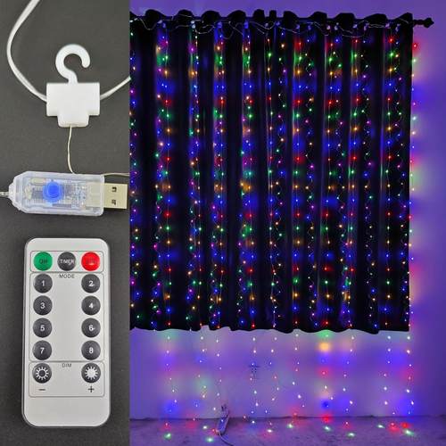 跨境LED铜线灯皮线灯窗帘灯串USB遥控3*3带挂钩圣诞婚庆卧室装饰