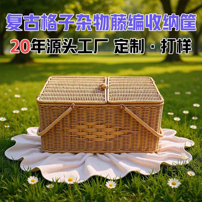 手工塑料藤编编织菜篮子手提篮 复古格子杂物藤编收纳筐 拜拜篮,3C数码配件,其它配件,淘宝优惠券,粉丝福利购,淘宝优惠卷