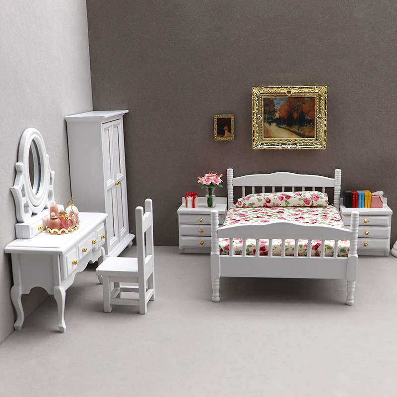 1:12娃娃屋dollhouse迷你家具模型摆件白色卧室微场景床梳妆台柜