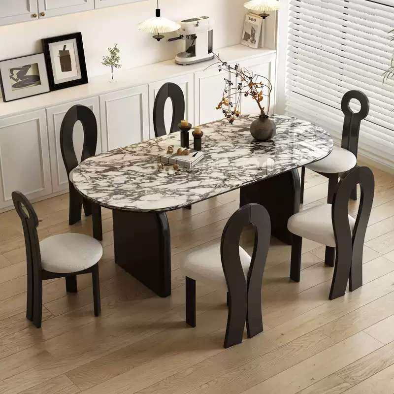 法式大理石餐桌复古轻奢实木小户型客厅家用椭圆形实木餐桌椅组合