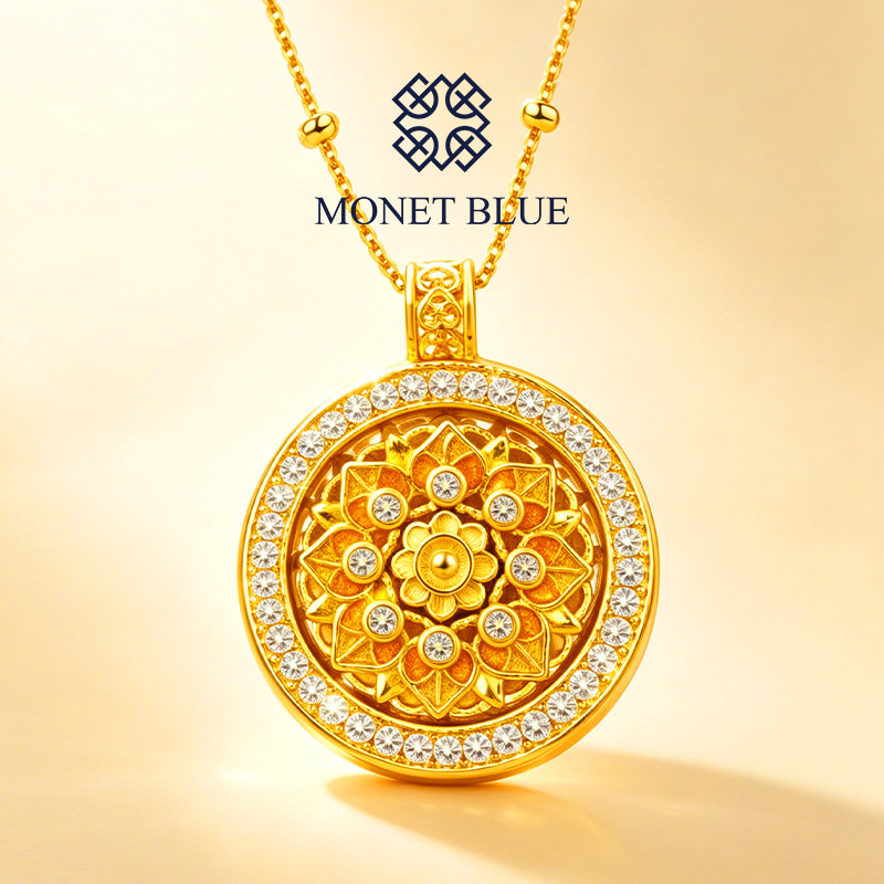 MonetBlue莲花项链女925银八宝罗盘时来运转吊坠轻奢锁骨链可旋转