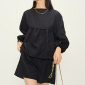 对丝工艺立体肌理提花泡泡袖 圆领娃娃衫 衬衫 现货现货 短裤 两件套