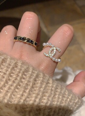 韩国双C戒指珍珠女锆石开口指环2026新款ins小香风小众设计高级感