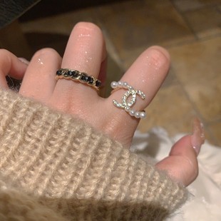 韩国双C戒指珍珠女锆石开口指环2026新款ins小香风小众设计高级感