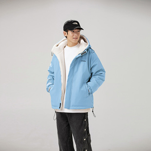 冬季连帽双面穿羊羔绒棉服男款潮牌户外冲锋衣棉袄羊羔毛加厚外套