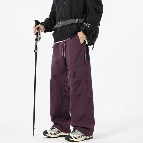 户外机能风紫色阔腿裤男宽松防水休闲直筒长裤设计感