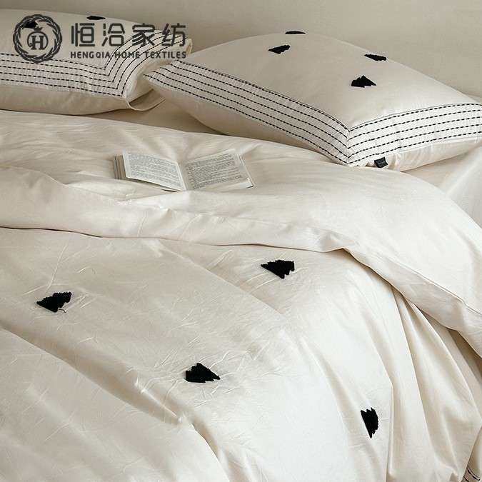 A类高支小清新全棉贡缎四件套小树毛巾刺绣纯棉白色被套床上用品