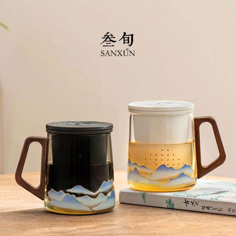 叁旬温感变色泡茶杯玻璃带盖过滤陶瓷马克杯办公室茶水分离杯子